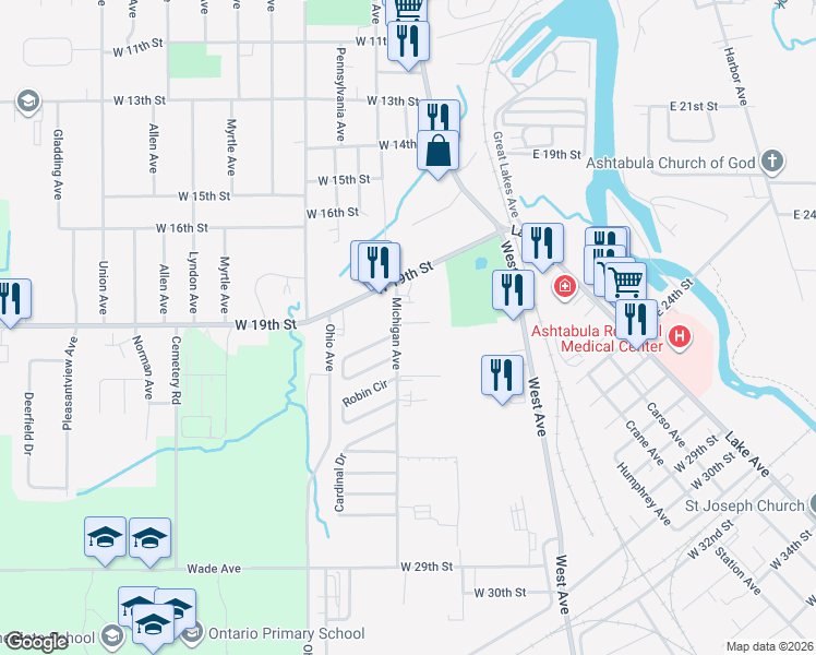 map of restaurants, bars, coffee shops, grocery stores, and more near 2142 Michigan Avenue in Ashtabula