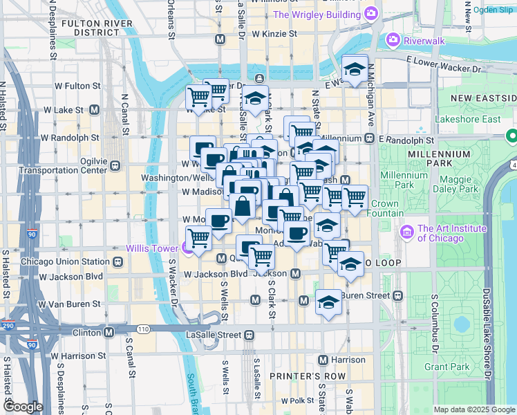 map of restaurants, bars, coffee shops, grocery stores, and more near 100 West Monroe Street in Chicago