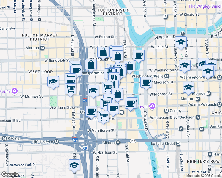 map of restaurants, bars, coffee shops, grocery stores, and more near 575 West Madison Street in Chicago