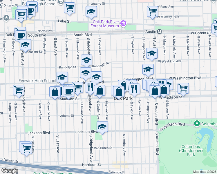 map of restaurants, bars, coffee shops, grocery stores, and more near 243 Washington Boulevard in Oak Park