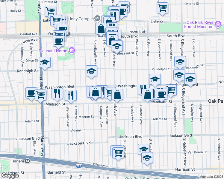 map of restaurants, bars, coffee shops, grocery stores, and more near in Oak Park
