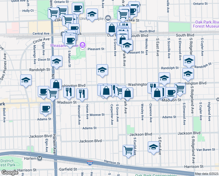 map of restaurants, bars, coffee shops, grocery stores, and more near 853 Washington Boulevard in Oak Park