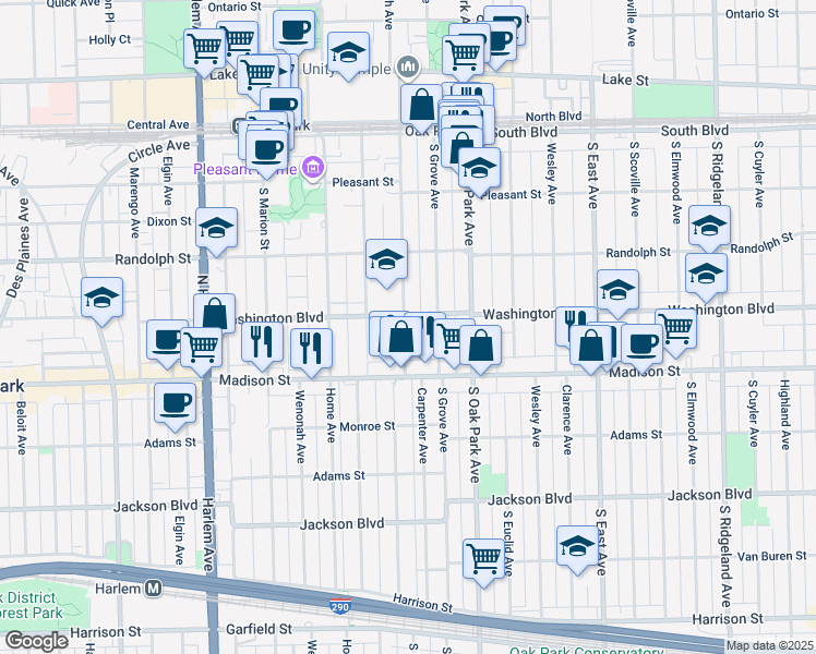 map of restaurants, bars, coffee shops, grocery stores, and more near 853 Washington Boulevard in Oak Park