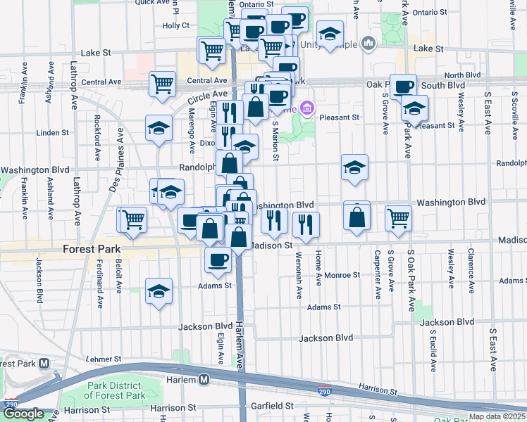 map of restaurants, bars, coffee shops, grocery stores, and more near 1116 Washington Boulevard in Oak Park
