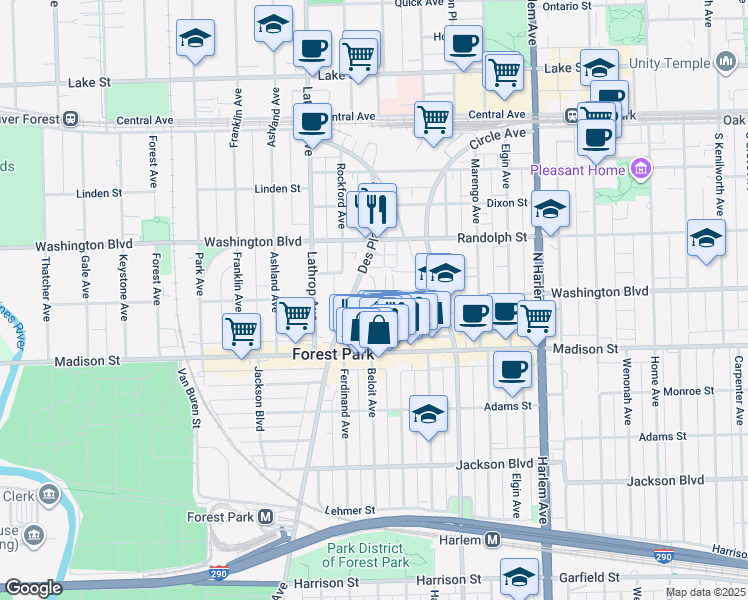 map of restaurants, bars, coffee shops, grocery stores, and more near 7449 Washington Street in Forest Park