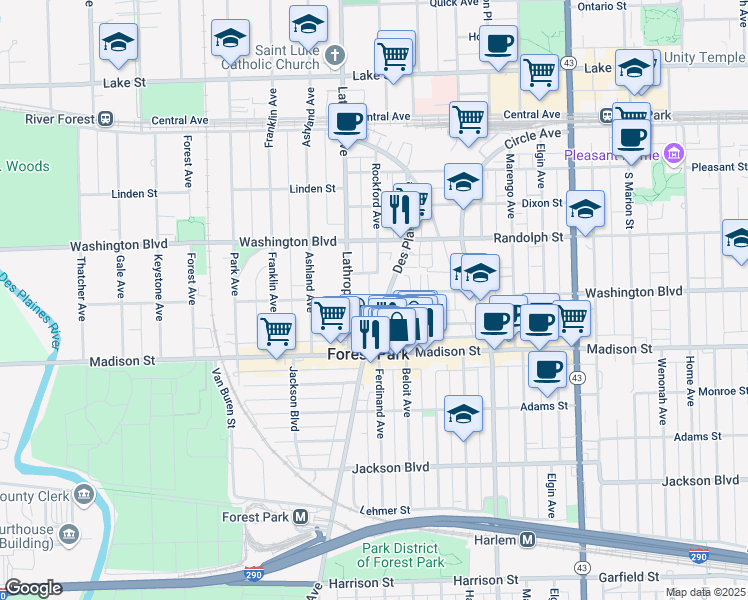 map of restaurants, bars, coffee shops, grocery stores, and more near 241 Des Plaines Avenue in Forest Park