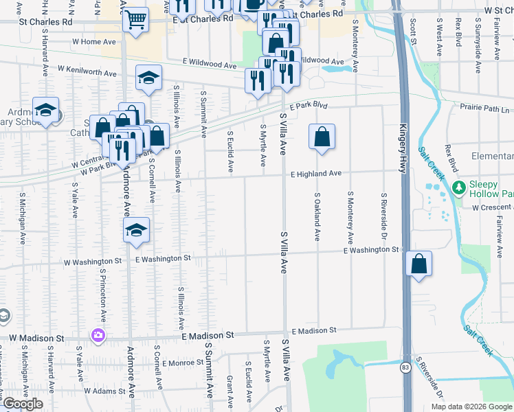 map of restaurants, bars, coffee shops, grocery stores, and more near 435 South Euclid Avenue in Villa Park