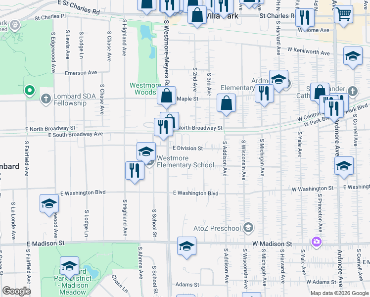 map of restaurants, bars, coffee shops, grocery stores, and more near 1042 East Division Street in Lombard