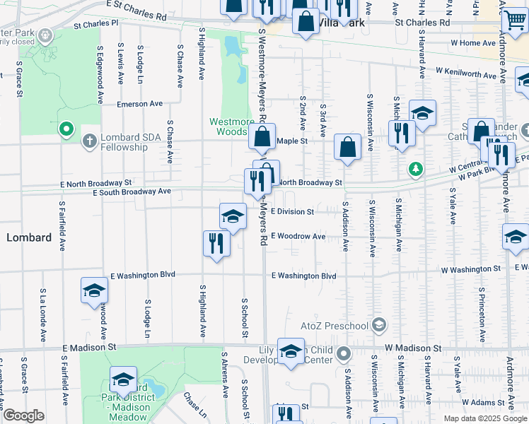 map of restaurants, bars, coffee shops, grocery stores, and more near 1014 East Division Street in Lombard