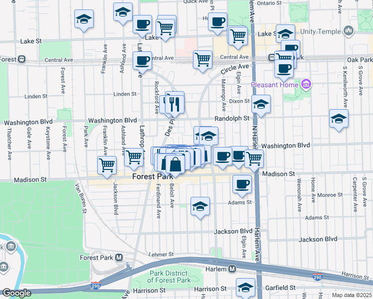 map of restaurants, bars, coffee shops, grocery stores, and more near 7449 Washington Street in Forest Park