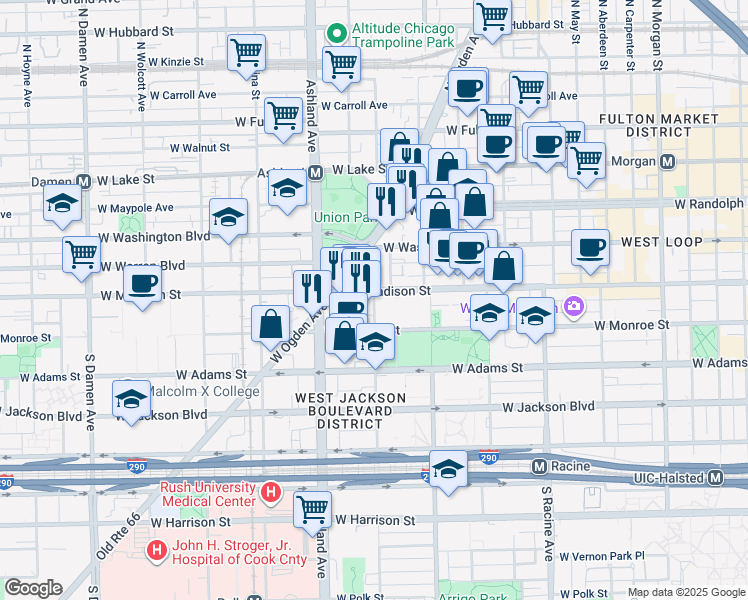 map of restaurants, bars, coffee shops, grocery stores, and more near 10 South Laflin Street in Chicago