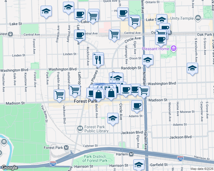 map of restaurants, bars, coffee shops, grocery stores, and more near 7428 Washington Street in Forest Park