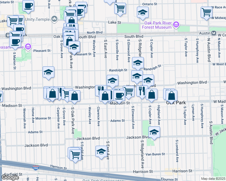 map of restaurants, bars, coffee shops, grocery stores, and more near 505 Washington Boulevard in Oak Park