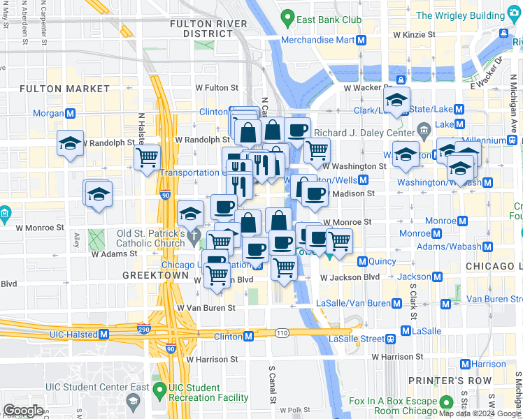 map of restaurants, bars, coffee shops, grocery stores, and more near 30 South Canal Street in Chicago