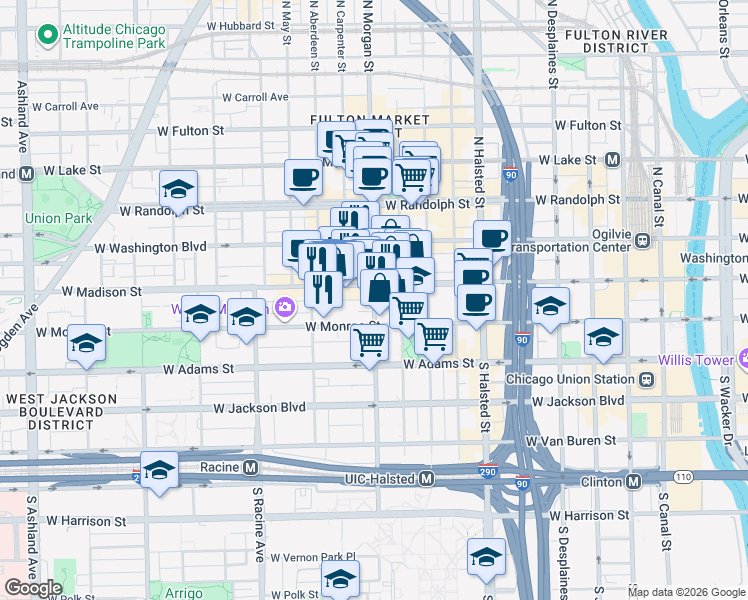 map of restaurants, bars, coffee shops, grocery stores, and more near 31 South Morgan Street in Chicago