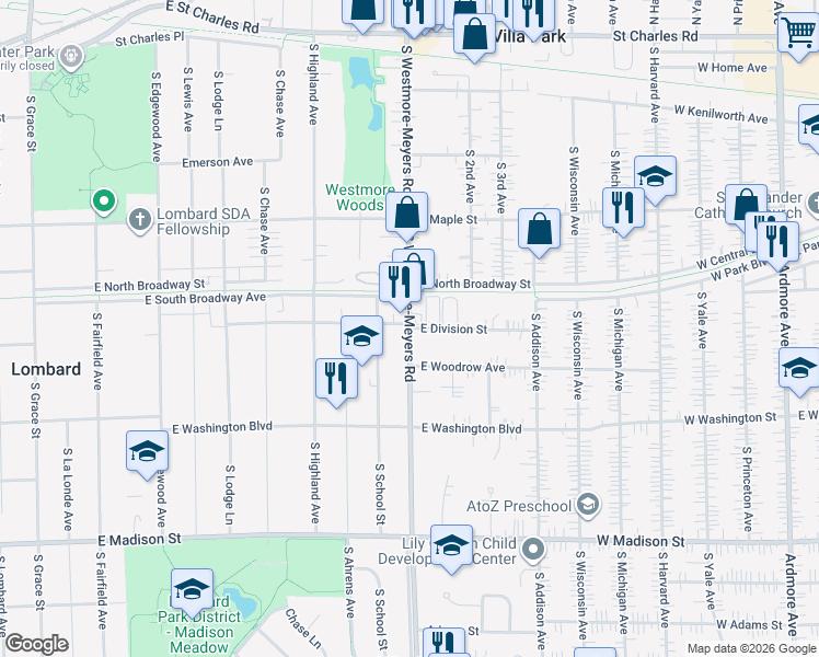 map of restaurants, bars, coffee shops, grocery stores, and more near 1014 East Division Street in Lombard