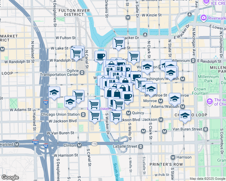 map of restaurants, bars, coffee shops, grocery stores, and more near One South Wacker Drive in Chicago