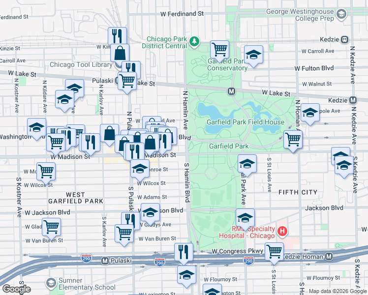 map of restaurants, bars, coffee shops, grocery stores, and more near 10 N Hamlin Blvd in Chicago