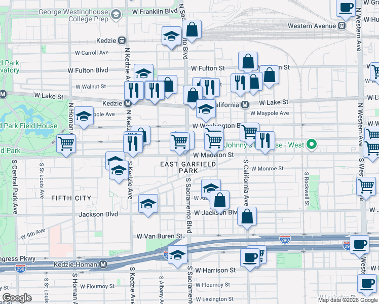 map of restaurants, bars, coffee shops, grocery stores, and more near 2958 West Madison Street in Chicago