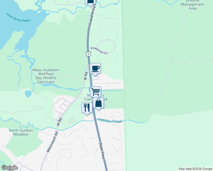 map of restaurants, bars, coffee shops, grocery stores, and more near 69 Spring Brook Road in Wellfleet