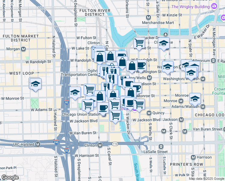 map of restaurants, bars, coffee shops, grocery stores, and more near 10 South Riverside Plaza in Chicago