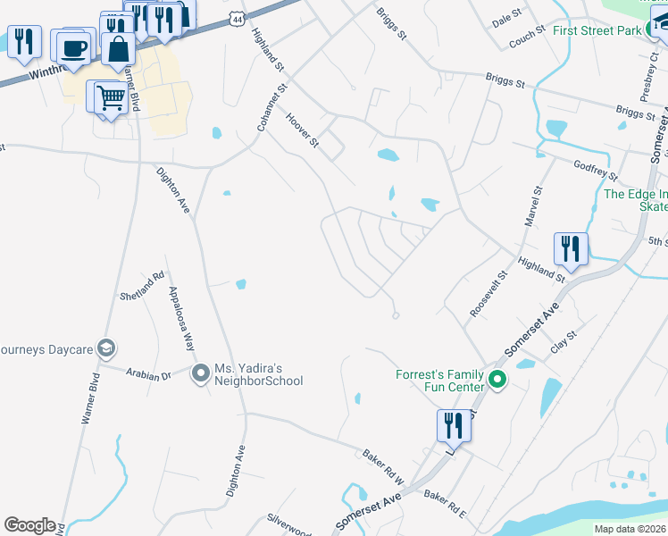 map of restaurants, bars, coffee shops, grocery stores, and more near 50 Highland Street in Taunton