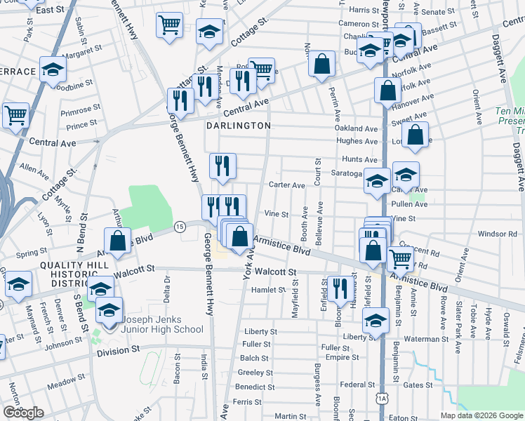 map of restaurants, bars, coffee shops, grocery stores, and more near 84 Harcourt Avenue in Pawtucket