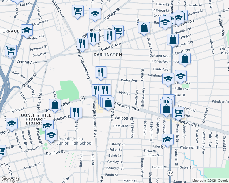 map of restaurants, bars, coffee shops, grocery stores, and more near 61 Nye Street in Pawtucket