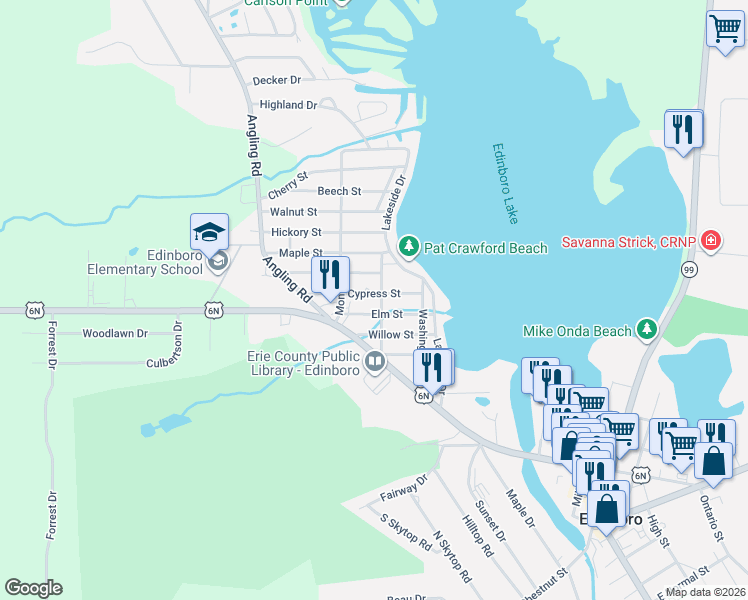 map of restaurants, bars, coffee shops, grocery stores, and more near 202 Cypress St in Edinboro