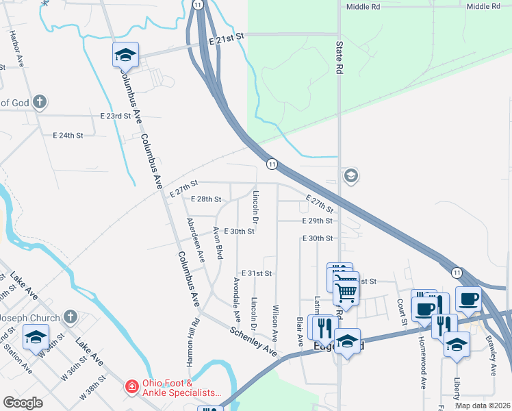 map of restaurants, bars, coffee shops, grocery stores, and more near 2728 Avon Boulevard in Ashtabula