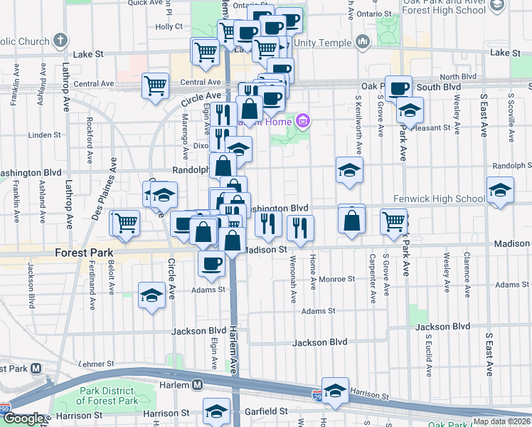 map of restaurants, bars, coffee shops, grocery stores, and more near 1116 Washington Boulevard in Oak Park
