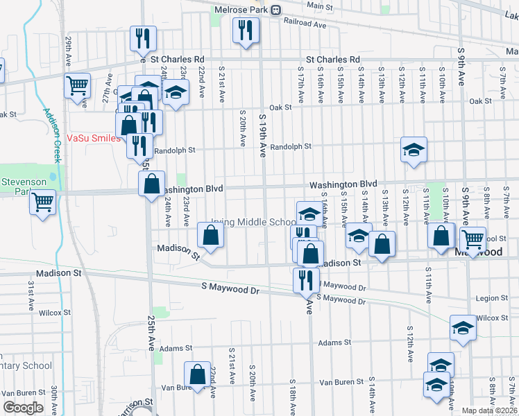 map of restaurants, bars, coffee shops, grocery stores, and more near 614 South 19th Avenue in Maywood