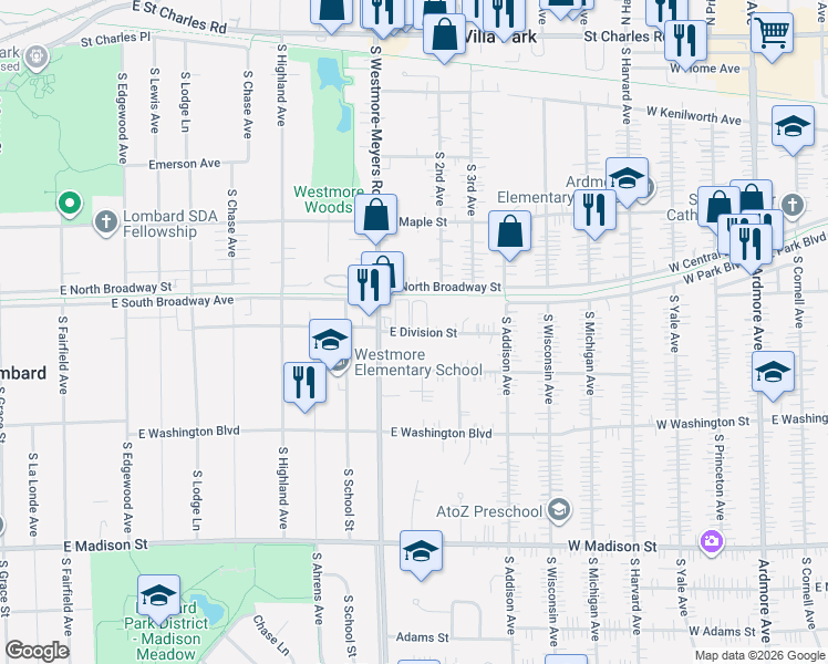 map of restaurants, bars, coffee shops, grocery stores, and more near 1042 East Division Street in Lombard