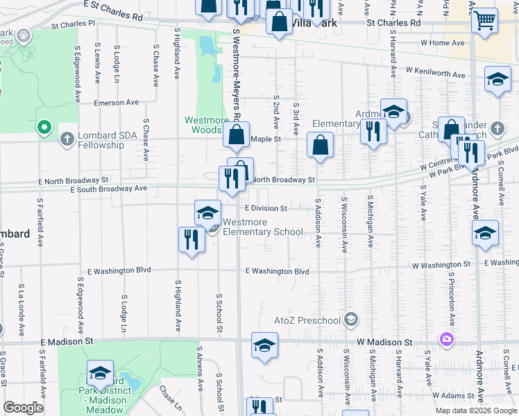 map of restaurants, bars, coffee shops, grocery stores, and more near 1014 East Division Street in Lombard