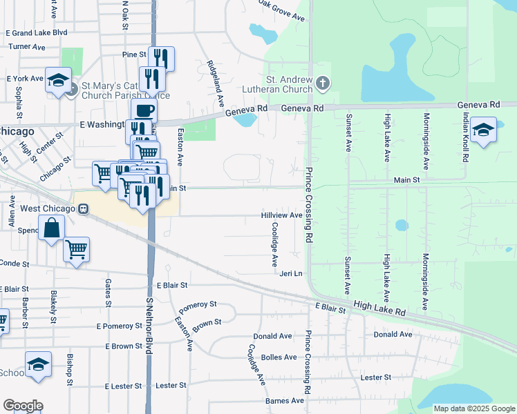 map of restaurants, bars, coffee shops, grocery stores, and more near 827 Hillview Avenue in West Chicago