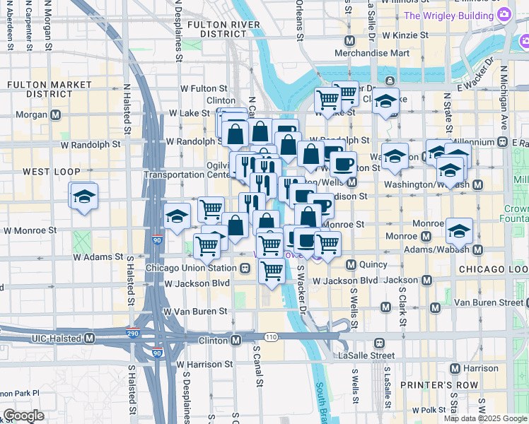map of restaurants, bars, coffee shops, grocery stores, and more near 10 South Riverside Plaza in Chicago