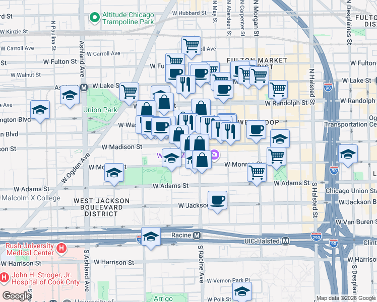 map of restaurants, bars, coffee shops, grocery stores, and more near 1237 West Madison Street in Chicago