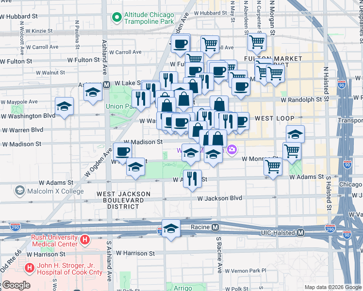 map of restaurants, bars, coffee shops, grocery stores, and more near 1301 West Madison Street in Chicago