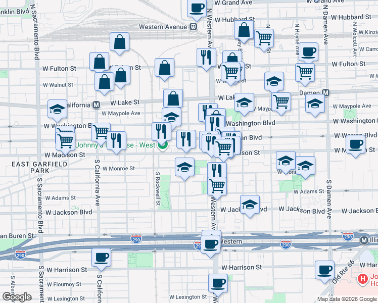 map of restaurants, bars, coffee shops, grocery stores, and more near 4 North Campbell Avenue in Chicago