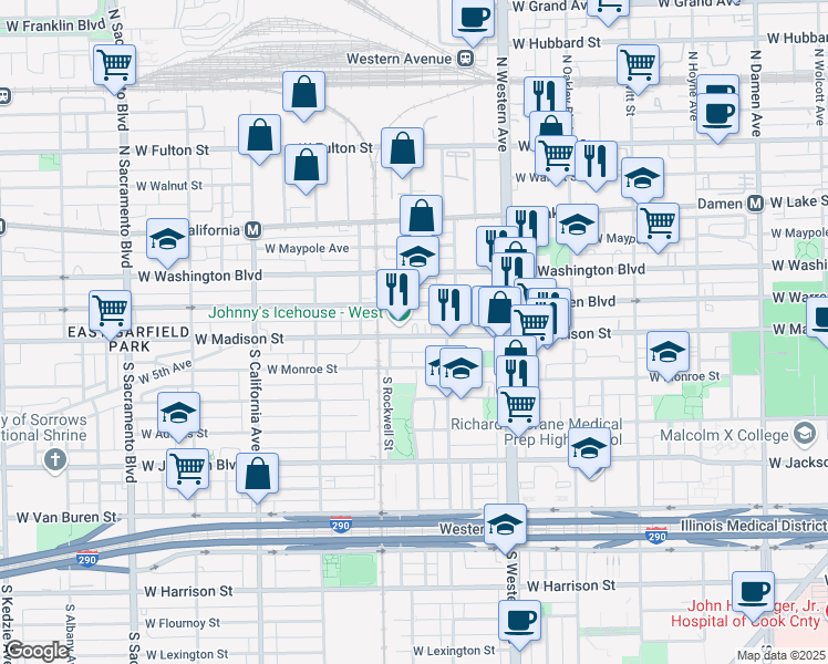 map of restaurants, bars, coffee shops, grocery stores, and more near 2550 West Madison Street in Chicago