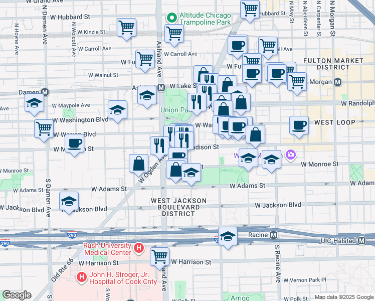 map of restaurants, bars, coffee shops, grocery stores, and more near 6 South Laflin Street in Chicago