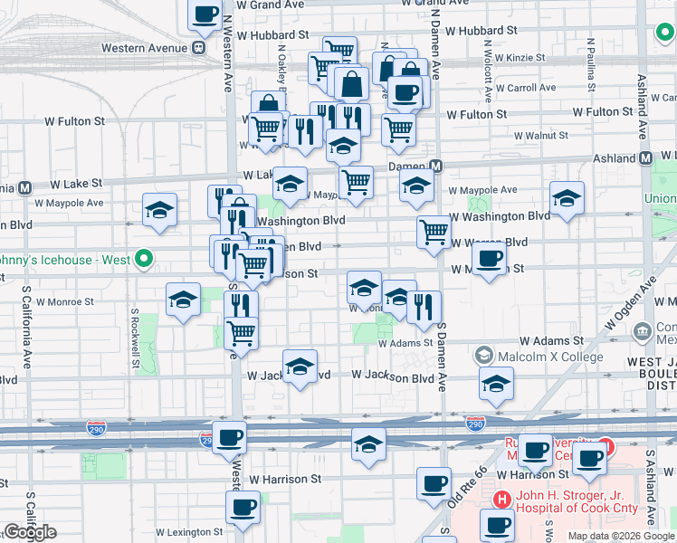 map of restaurants, bars, coffee shops, grocery stores, and more near West Madison Street & North Leavitt Street in Chicago