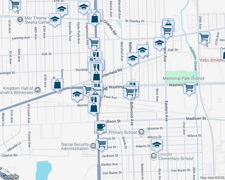 map of restaurants, bars, coffee shops, grocery stores, and more near 3900 Washington Boulevard in Chicago