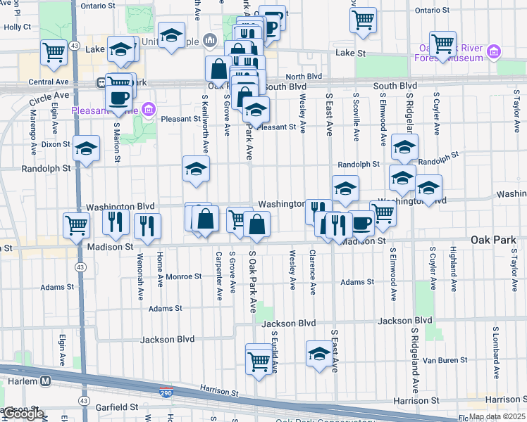 map of restaurants, bars, coffee shops, grocery stores, and more near 715 Washington Boulevard in Oak Park