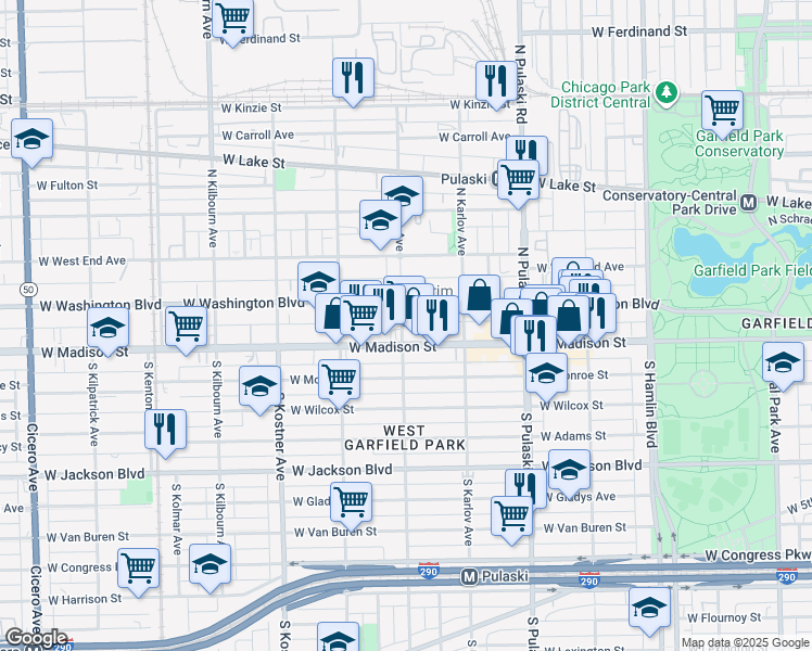map of restaurants, bars, coffee shops, grocery stores, and more near 4159 West Washington Boulevard in Chicago
