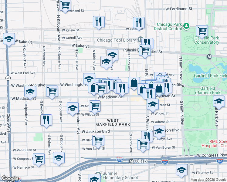 map of restaurants, bars, coffee shops, grocery stores, and more near 15 North Keeler Avenue in Chicago