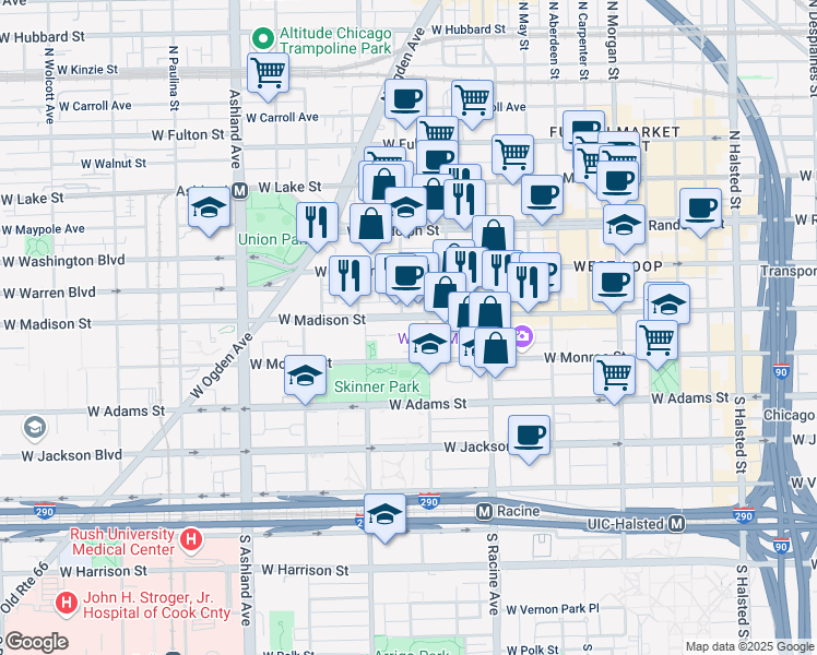 map of restaurants, bars, coffee shops, grocery stores, and more near 1301 West Madison Street in Chicago