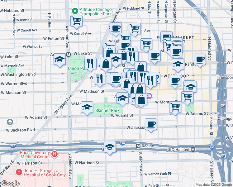 map of restaurants, bars, coffee shops, grocery stores, and more near 1330 West Monroe Street in Chicago