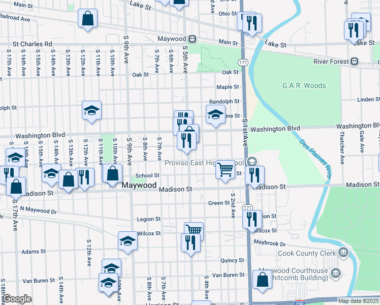 map of restaurants, bars, coffee shops, grocery stores, and more near 713 South 5th Avenue in Maywood