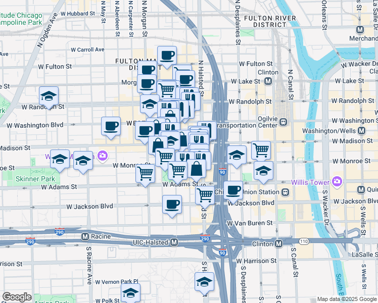 map of restaurants, bars, coffee shops, grocery stores, and more near 11 South Green Street in Chicago